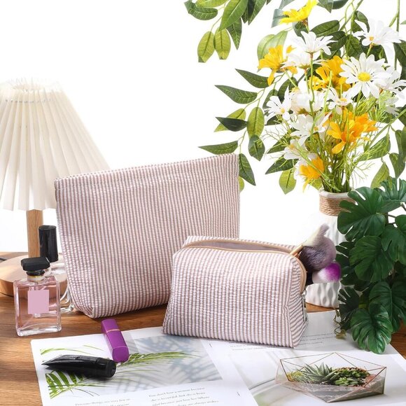 2 Pieces Makeup Bag Set Cute Cosmetic Pouch for Women Travel Toiletry Bag Preppy - Picture 2 of 7